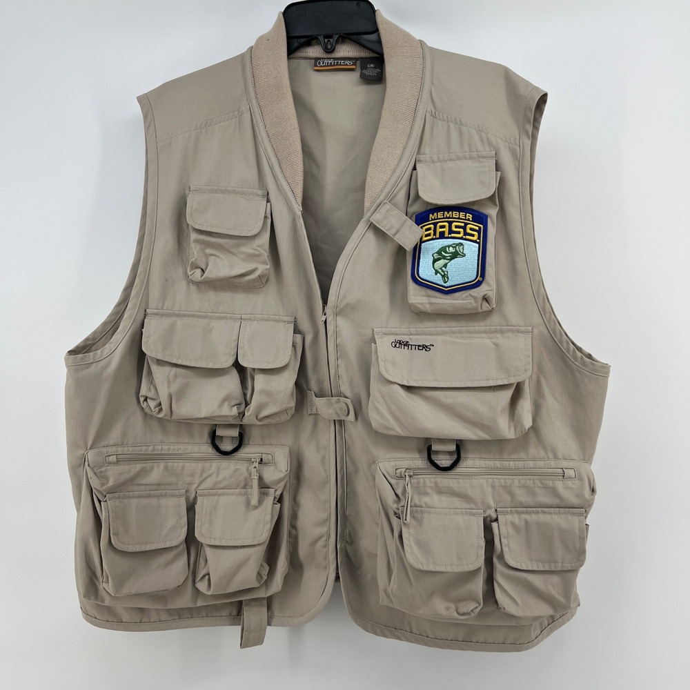 Lodge Outfitters Mens Tan Fishing Vest Member BASS Patch Multi-Pocket L/XL